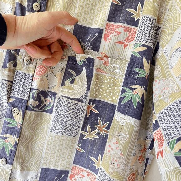 Tori Richard Hawaii Shirt L Cranes Koi Patch Print 100% Cotton Aloha - Picture 6 of 14